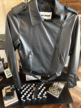 DKNY Black Faux Leather Asymmetric Moto Jacket